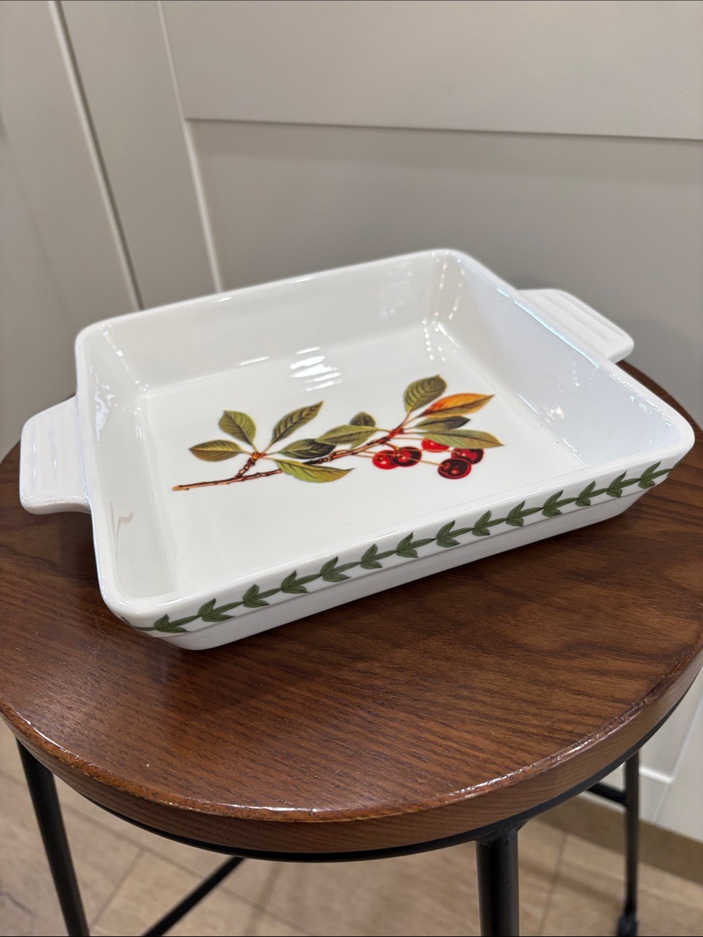 White Ceramic Baking Dish with Cherry and Green Leaf Motif